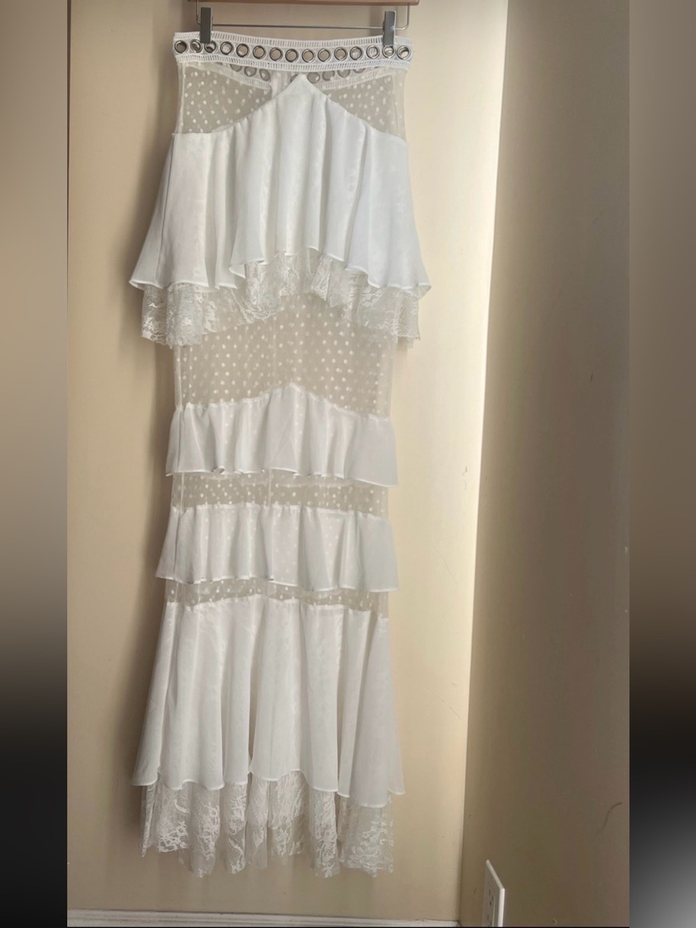 Elegant White Tiered Lace and Polka Sheer Maxi Dress